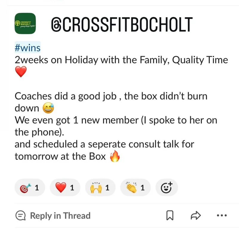 CrossFit Bocholt owner sharing how their coaches ran the gym during a family holiday